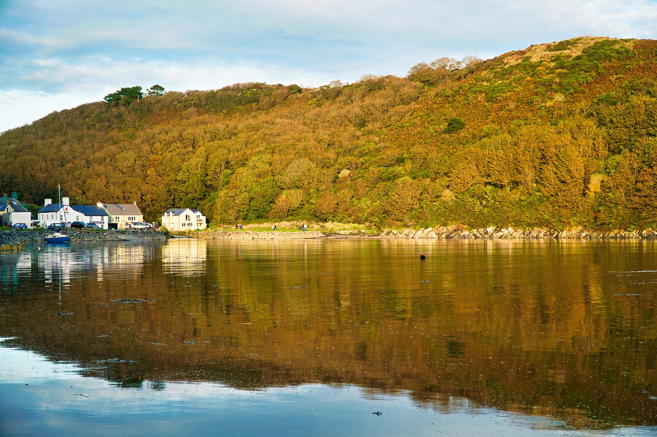 Calm harbour and coastline under open sky